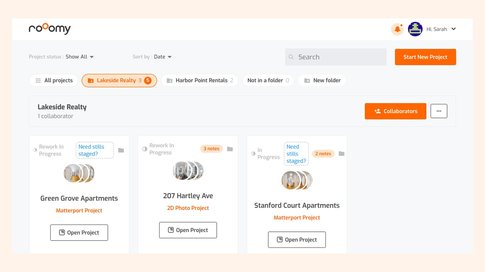 roOomy project list with client folders and a shared folder for Lakeside Realty