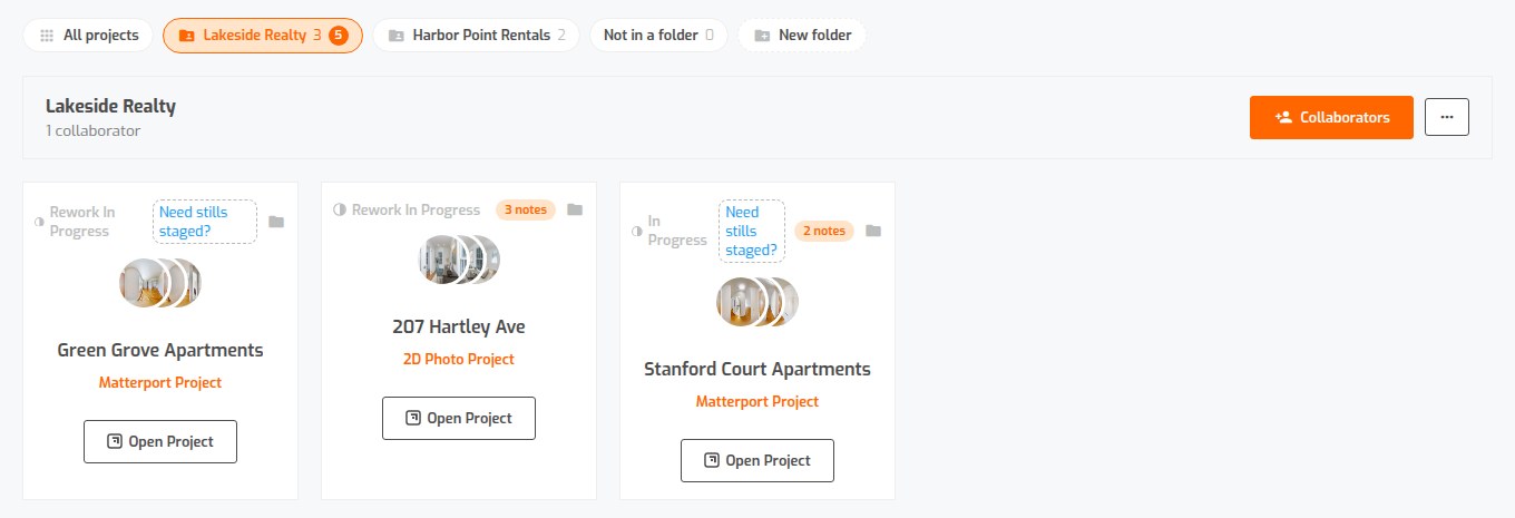 roOomy project list with folders for Lakeside Realty and Harbor Point Rentals