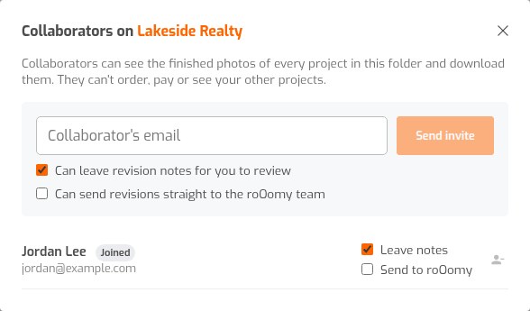 Collaborators dialog with an email field and permission options