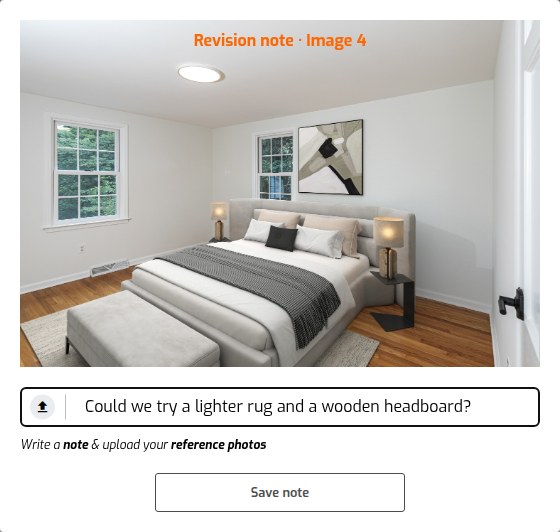 A collaborator writing a revision note on a staged bedroom photo