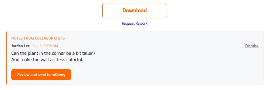 Notes from a collaborator with a Review and send to roOomy button