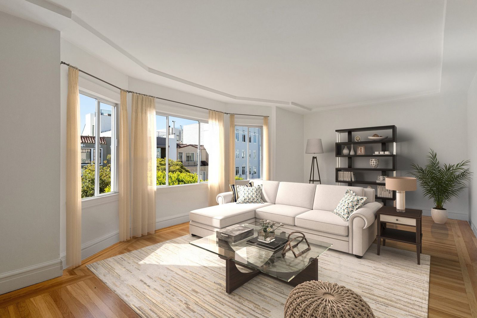 Virtually staged open-plan living room from a roOomy Matterport tour